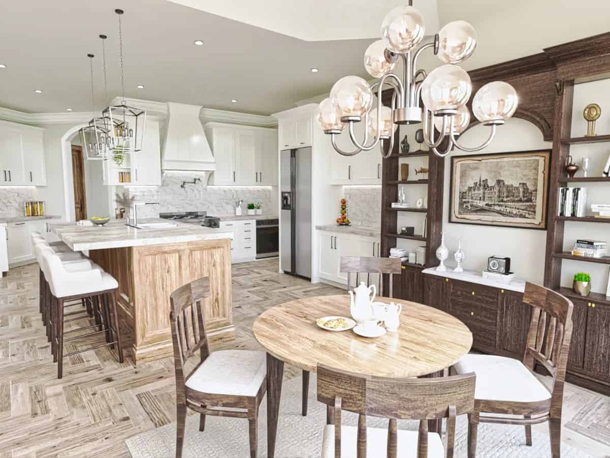 Breakfast nook with a wooden cabinet and a round dining table paired with matching chairs.