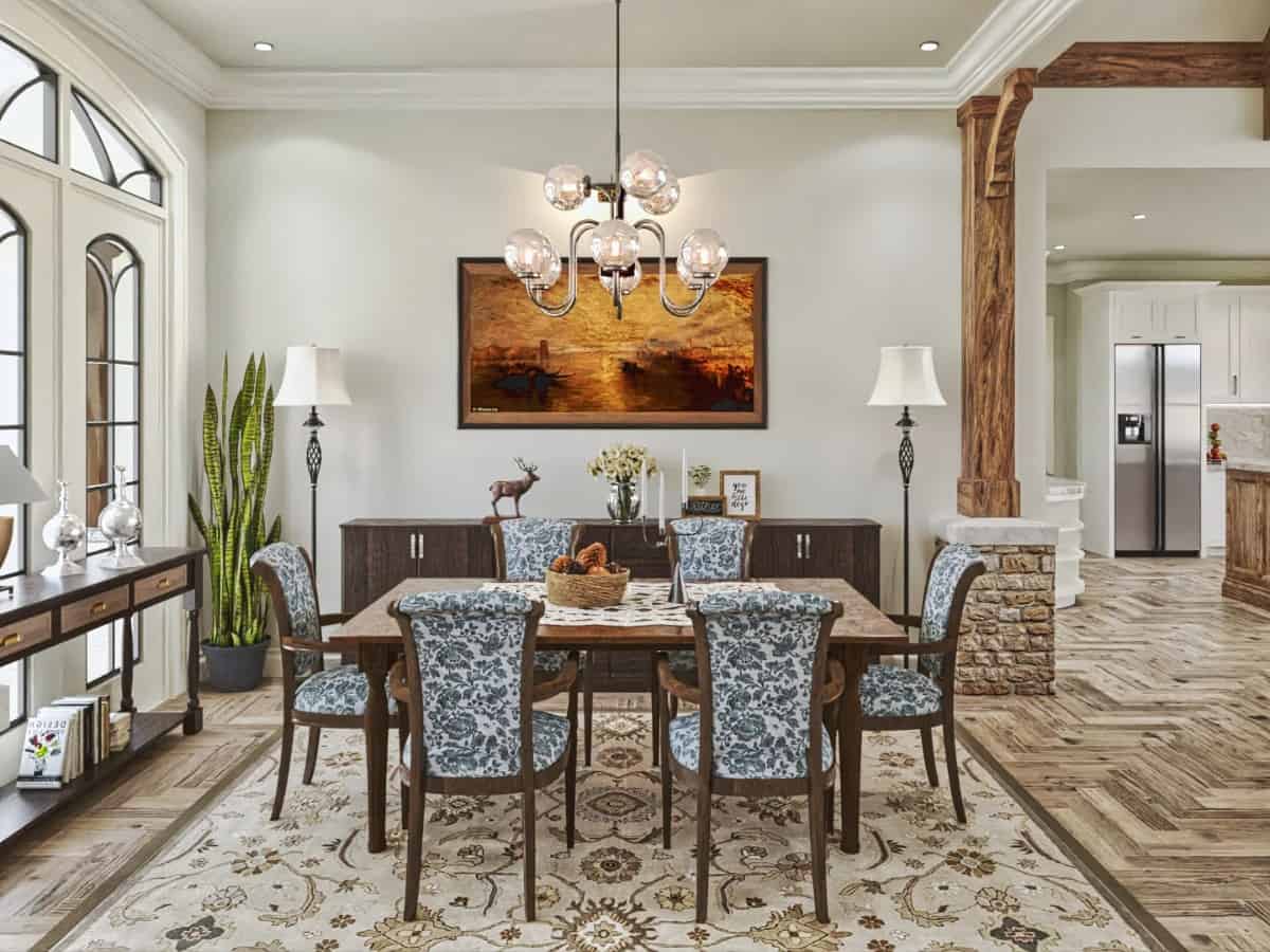 The formal dining room offers a 6-seater dining set and a buffet table adorned with a landscape painting.