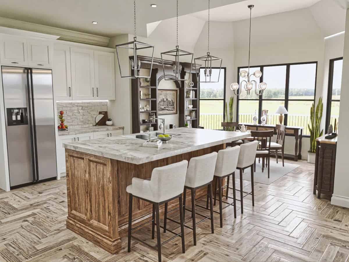 A bay window illuminates the eat-in kitchen.
