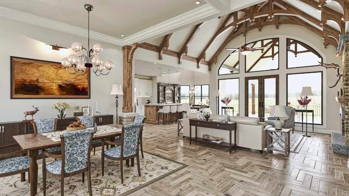 Oversized openings connect the formal dining room, great room, and eat-in kitchen together.