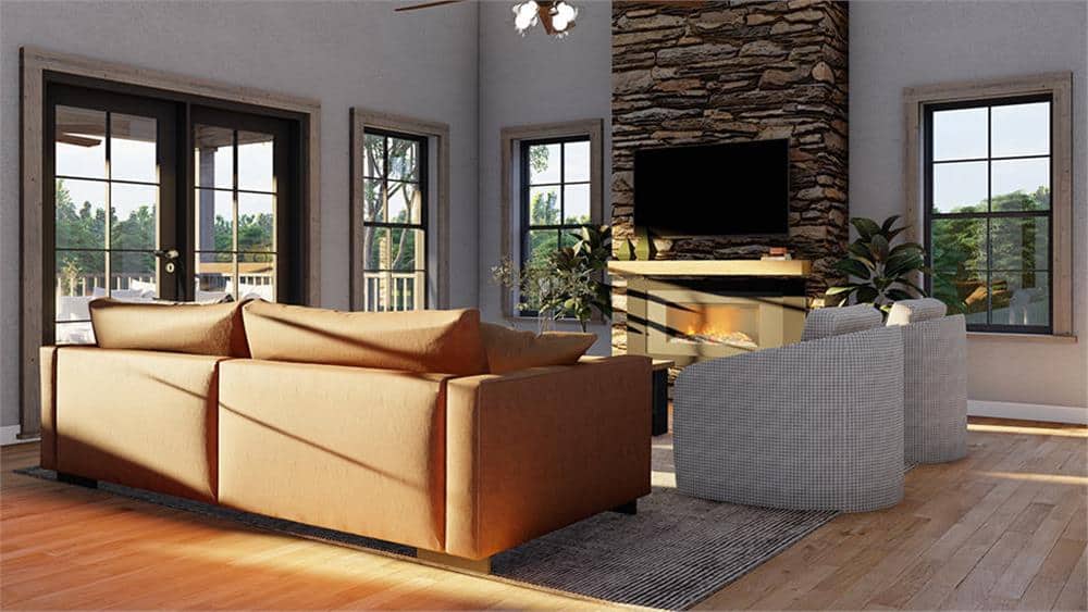 A French door extends the great room onto a grilling porch.