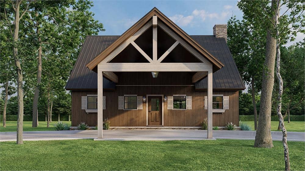 Front rendering with shuttered windows and a glazed entry door.