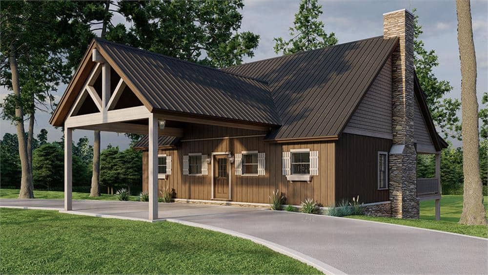 Front-right rendering showcasing the porte cochere and a stone chimney.