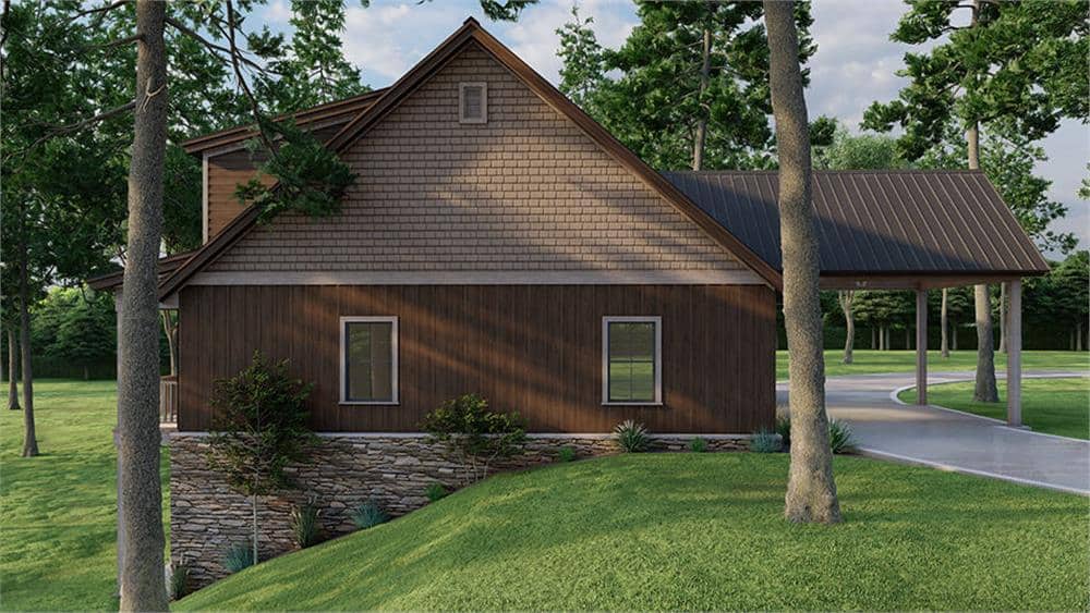 Left rendering with wood siding and a stone base.
