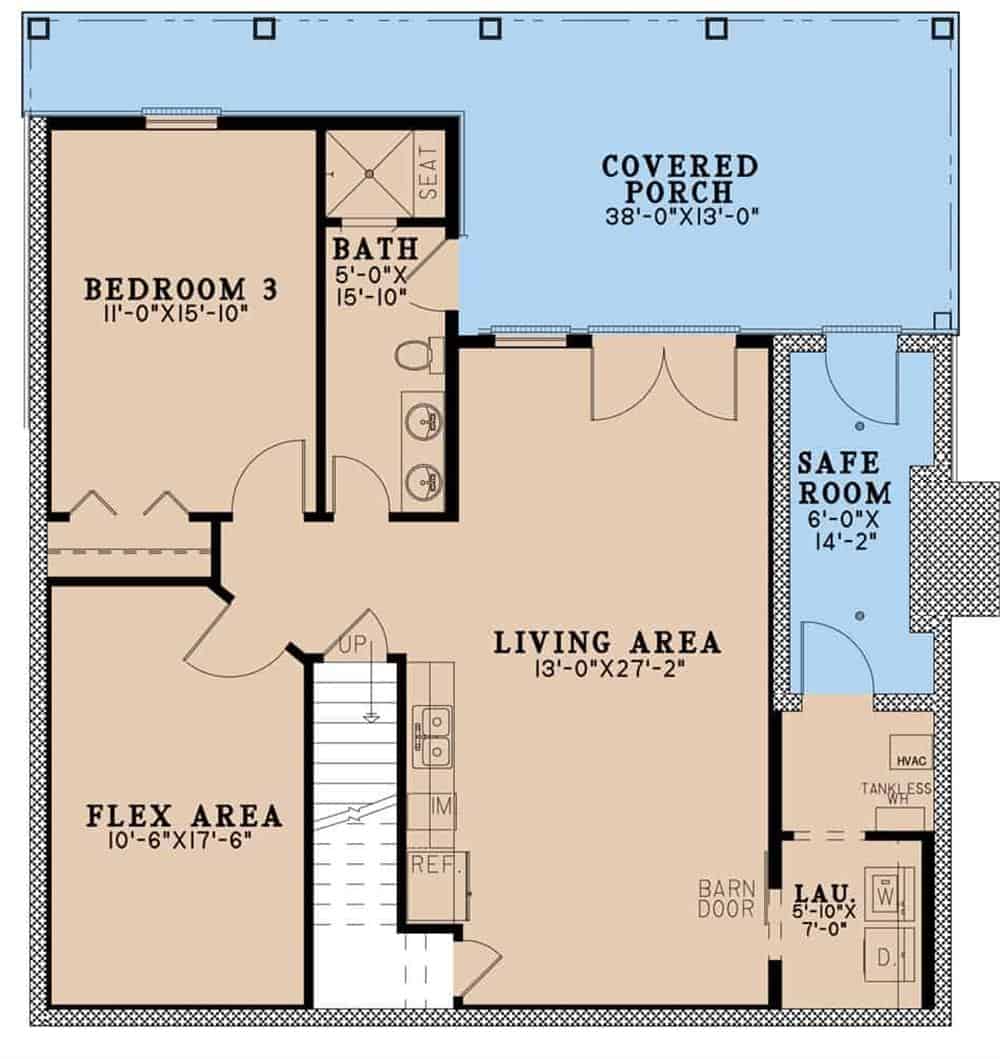 Lower level floor plan with an additional bedroom, a flex area, a living room, laundry room, and a safe room.