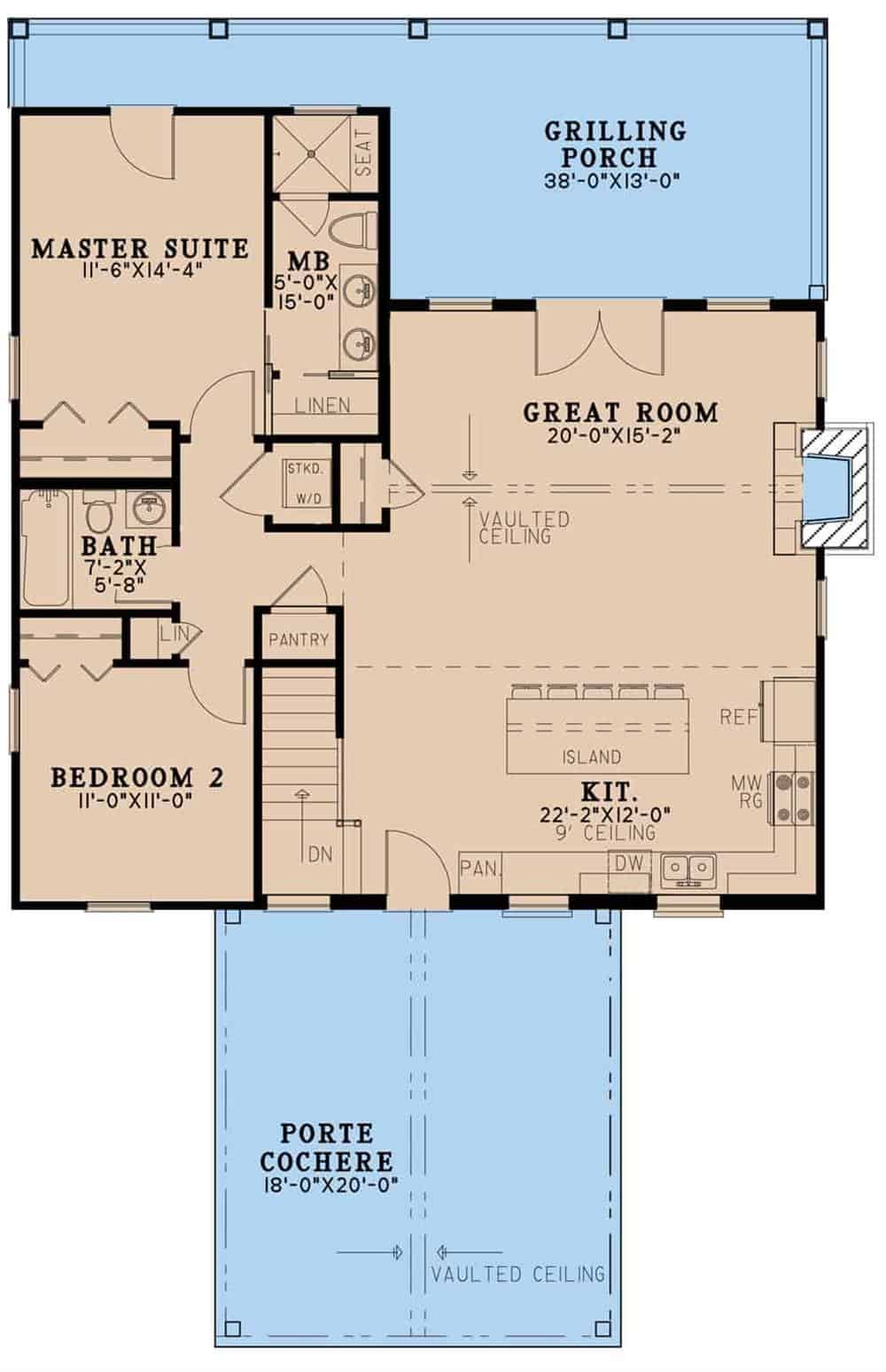 Main level floor plan of a two-story country style 3-bedroom home with a kitchen, great room, two bedrooms, and a grilling porch.