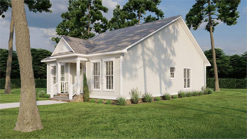 Front-right rendering with horizontal siding and a covered entry porch lined with decorative columns.