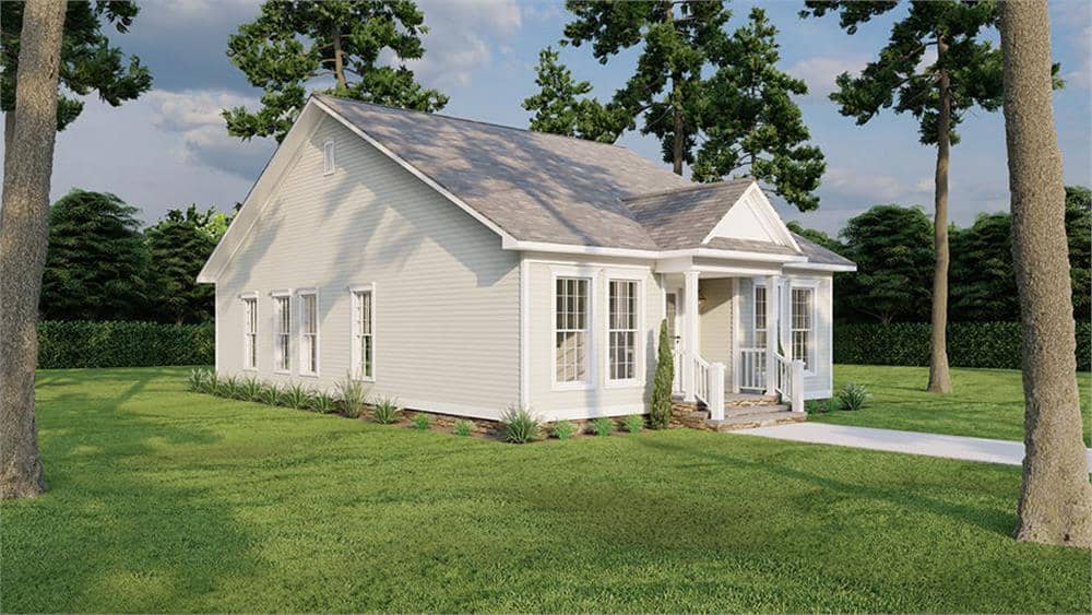 Front-left rendering with a large gable and plenty of white framed windows.