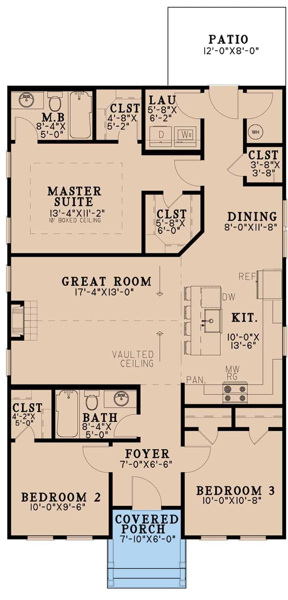 Main level floor plan of a 3-bedroom country style single-story home with a foyer, great room, kitchen, dining area, three bedrooms, and two bathrooms.