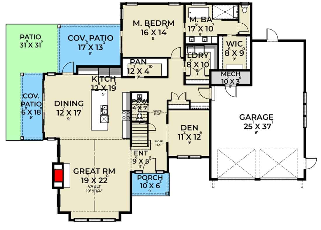 Main level floor plan of a modern 3-bedroom two-story rustic home with a foyer, great room, dining area, kitchen, primary suite, den, double garage, and a wraparound patio.
