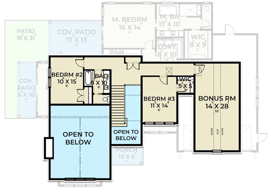 Second level floor plan with two bedrooms, a shared bathroom, and a bonus room.