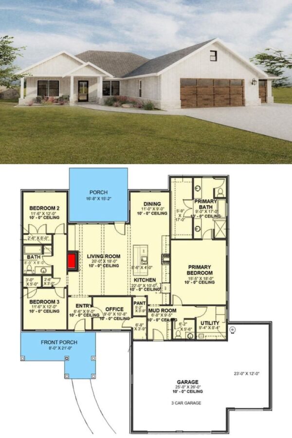 3-Bedroom Ranch Style Single-Story Home with Front Porch and 3-Car ...