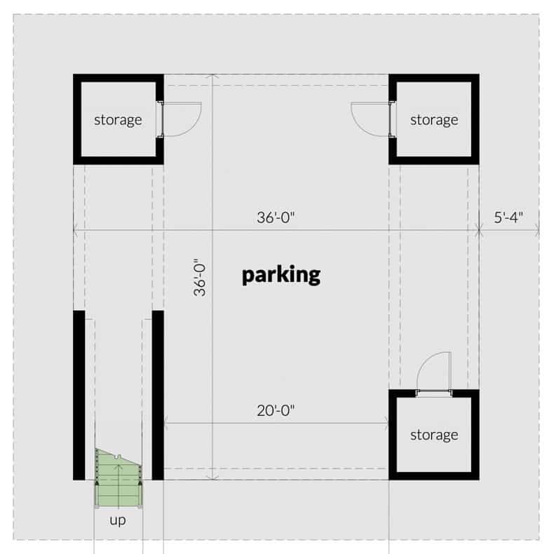 Ground level floor plan with parking space and storage rooms