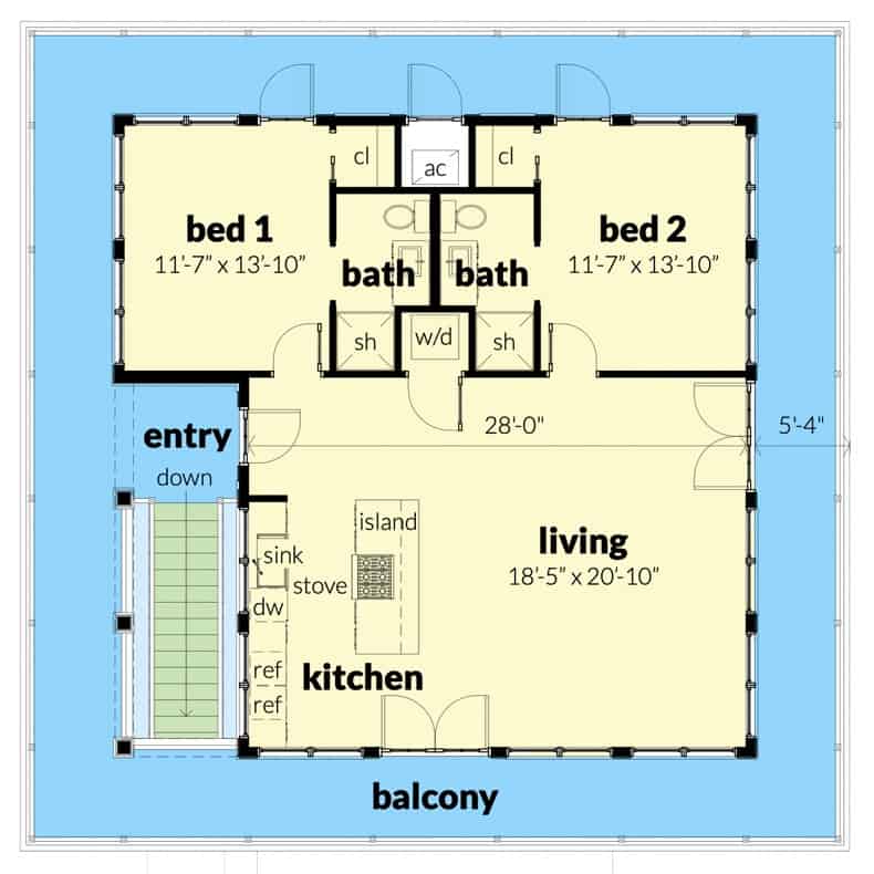 Second level floor plan of a 2-bedroom two-story craftsman home with a living room, kitchen, two bedrooms, two baths, and a wraparound porch.