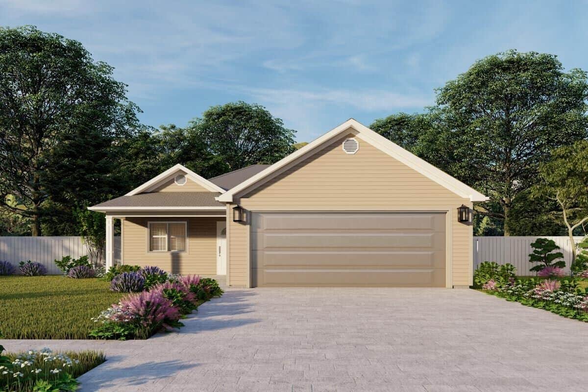 Front rendering with a double garage and a covered entry porch.