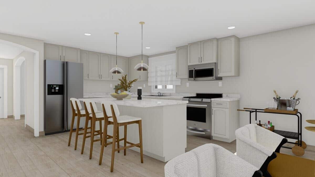 The kitchen is equipped with high-end appliances, white cabinetry, and a breakfast island with bar seating.