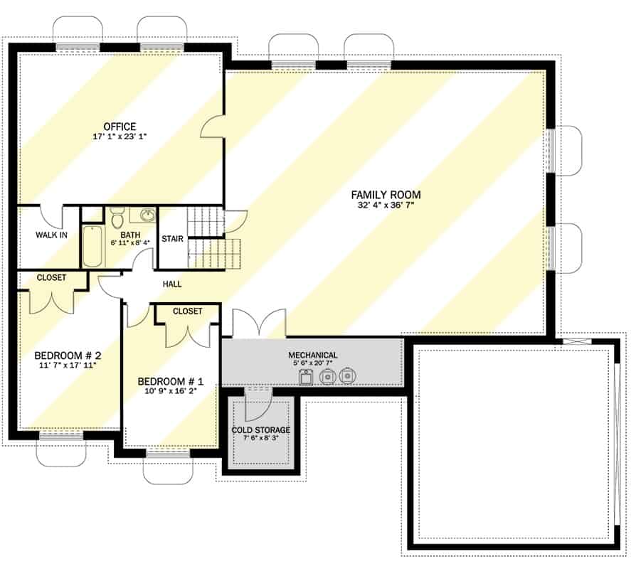 Lower level floor plan with two more bedrooms, a home office, and an enormous family room.