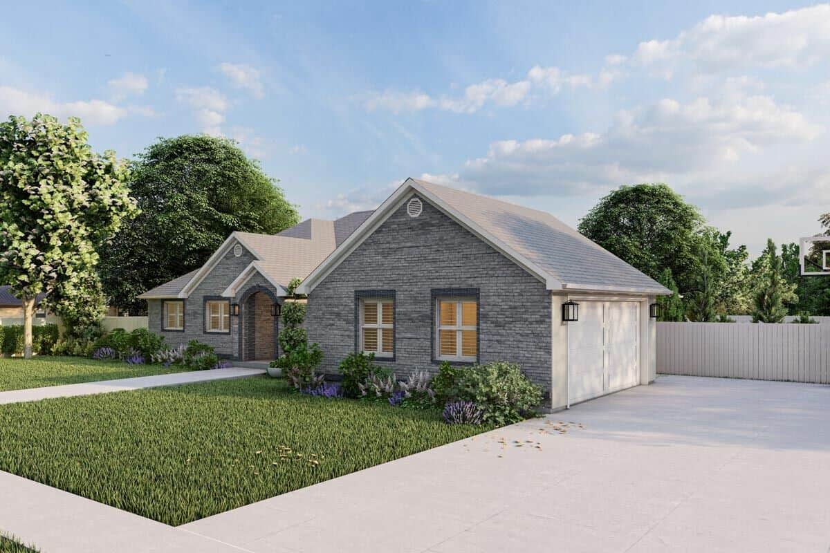 Front-right rendering showcasing the side-entry garage and concrete driveway.