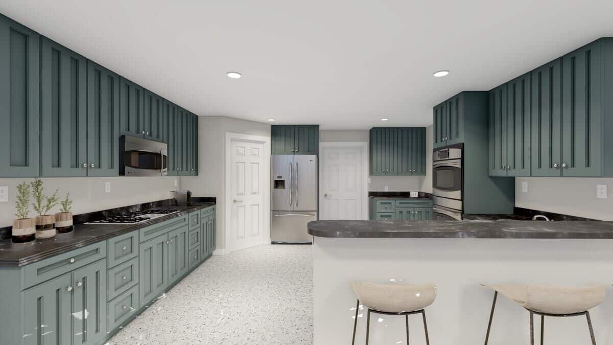 The kitchen is equipped with modern appliances, custom cabinetry, and marble countertops.