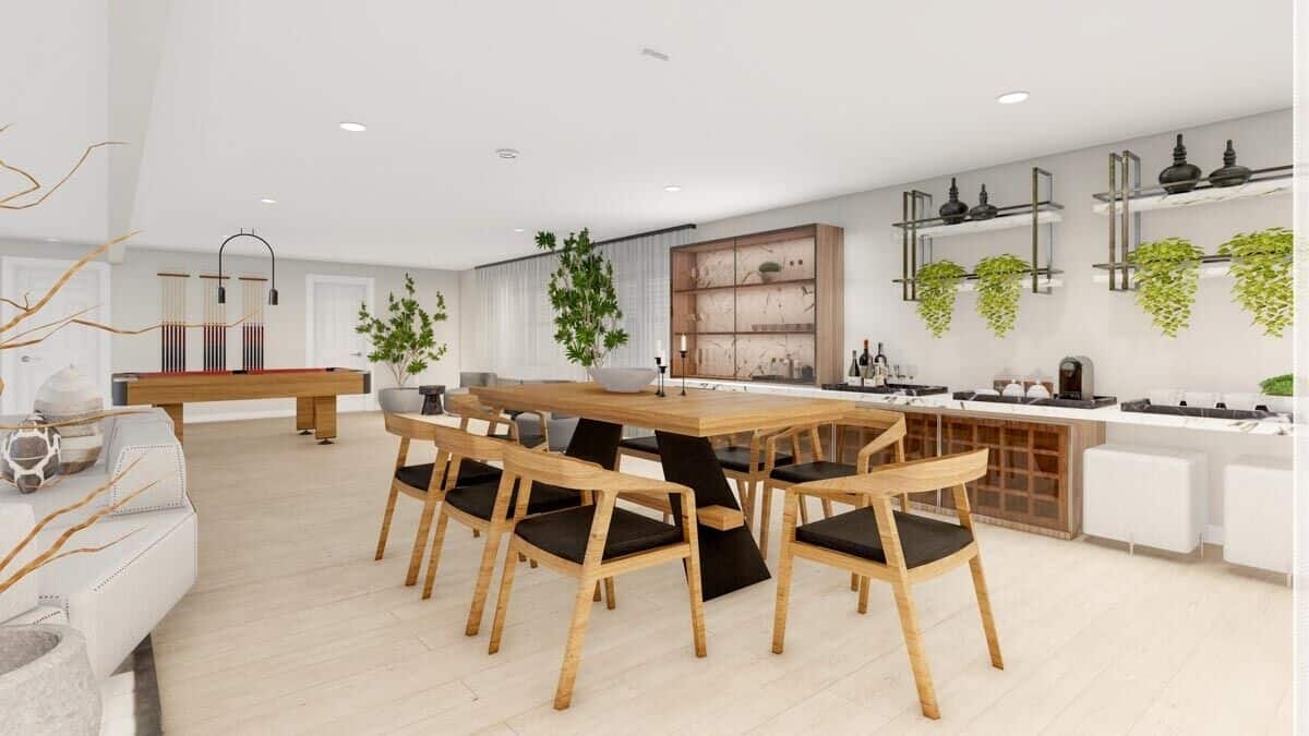 The basement includes a dining space, a built-in bar, and a game area.