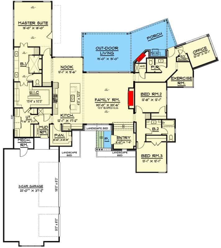 Main level floor plan of a single-story 3-bedroom mid century modern home with a foyer, family room, kitchen, breakfast nook, three bedrooms, exercise room, home office, and mudroom leading to the garage.