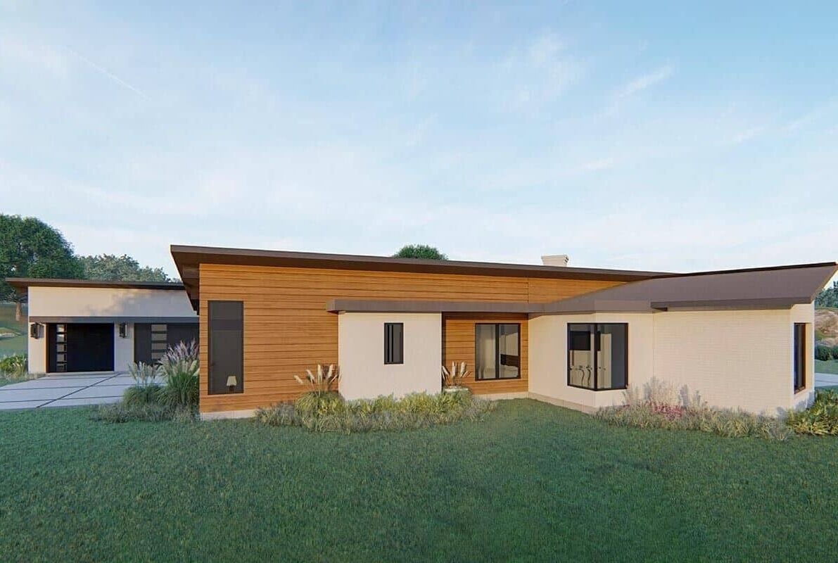 Rear rendering with stucco and wood siding, corner windows, and slanting rooflines.
