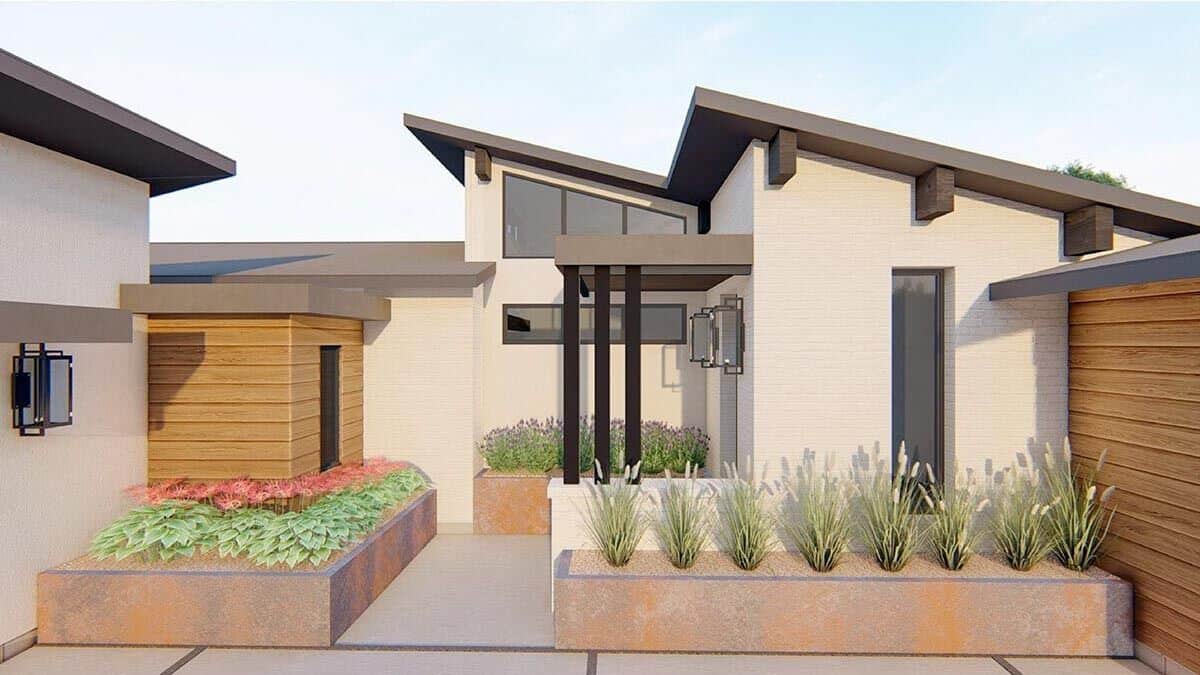 Front rendering with landscape beds and a covered entry on the right side.