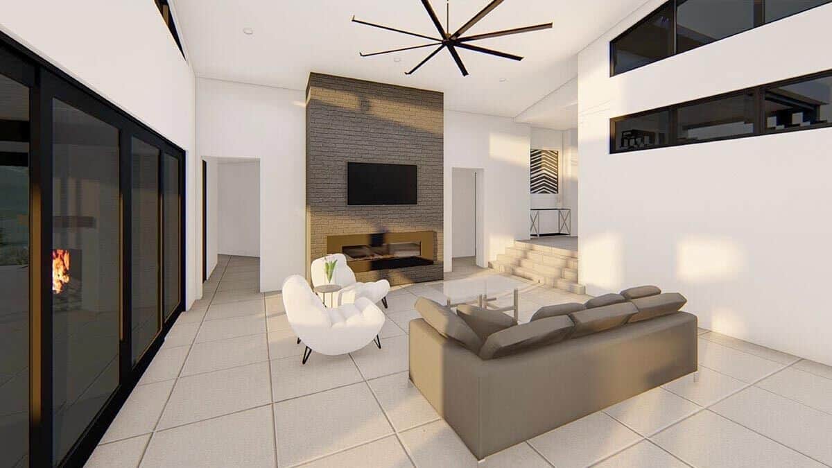 A stone fireplace sets a stunning focal point in the family room.