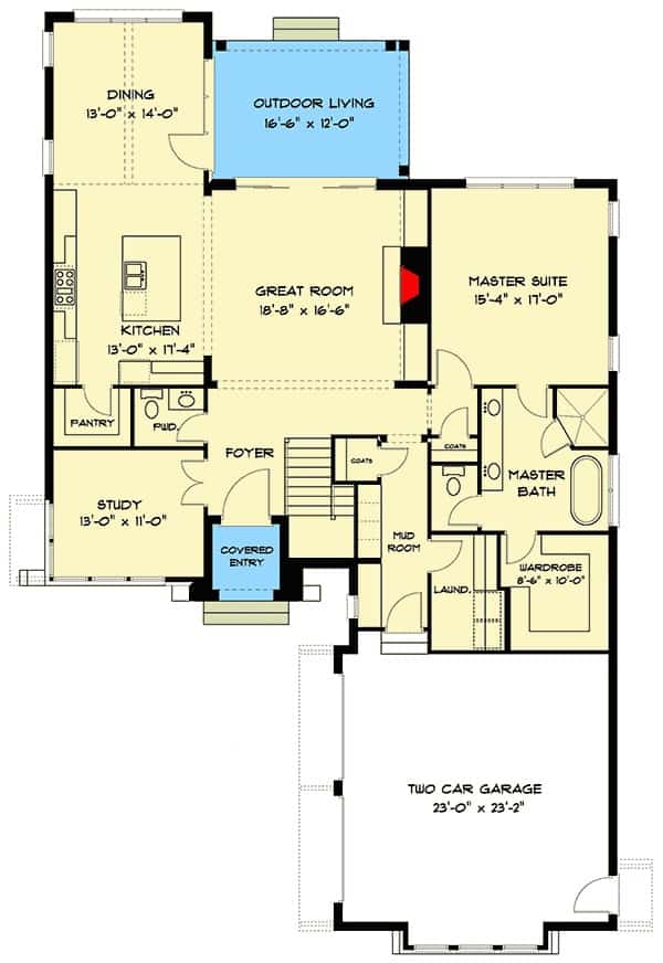 Main level floor plan of a European style two-story 4-bedroom home with a foyer, great room, kitchen, dining area, study, primary suite, laundry room, and mudroom leading to the garage.