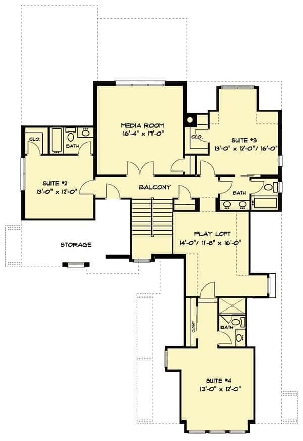 Second level floor plan with three bedroom suites, a media room, and a play loft.