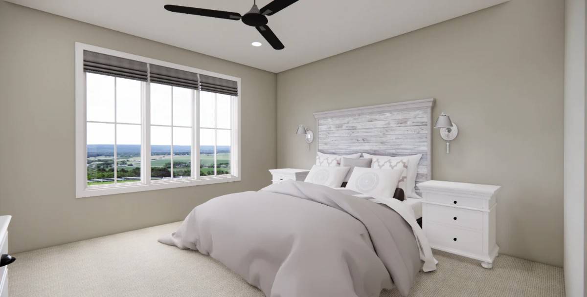 The primary bedroom has carpeted floor and a wooden bed flanked by white nightstands.