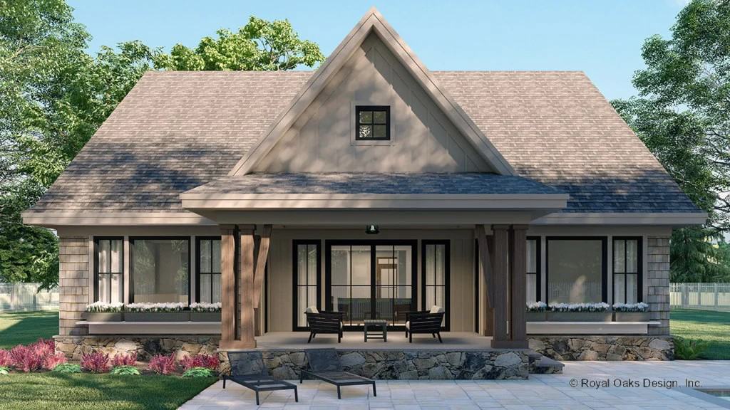 Rear rendering showcasing a covered porch and an open patio with sun loungers.