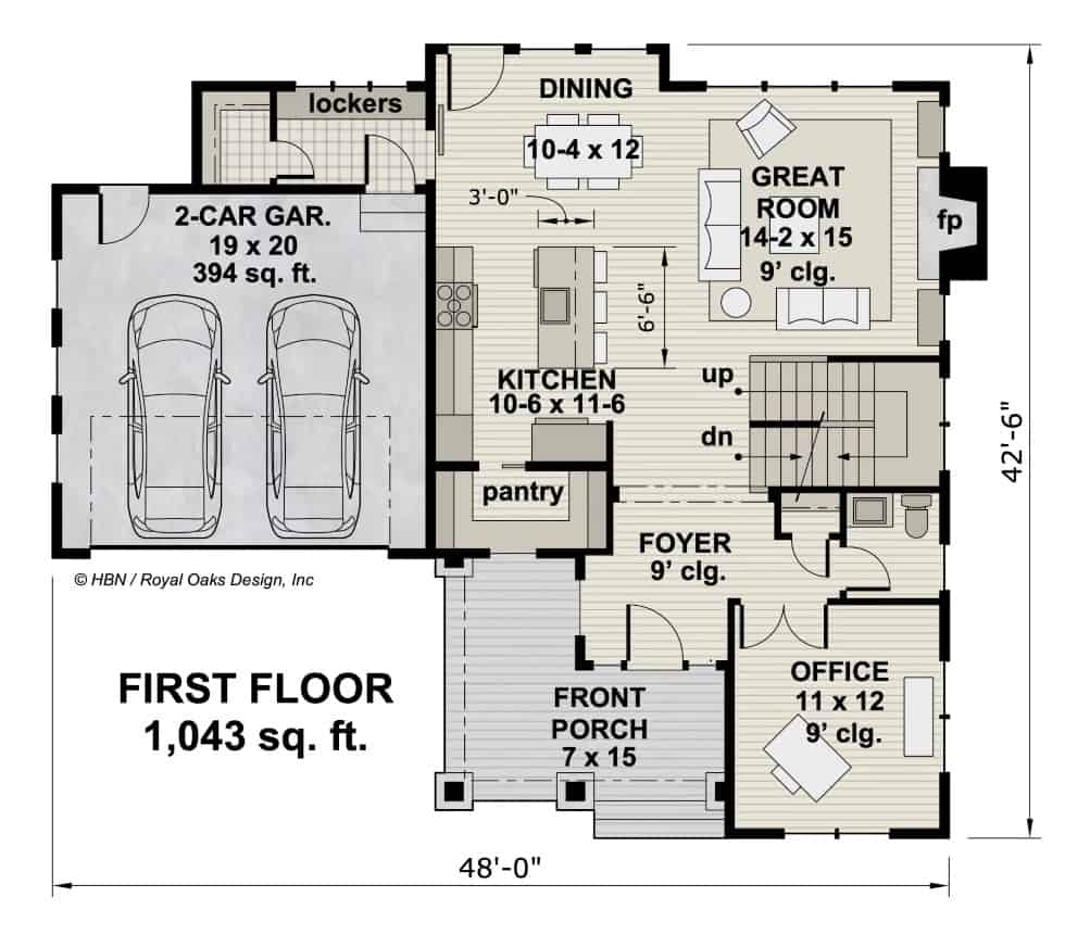 Main level floor plan of a Mossy Oak two-story 4-bedroom traditional home with a foyer, home office, great room, kitchen, dining area, and a mudroom leading to the garage.