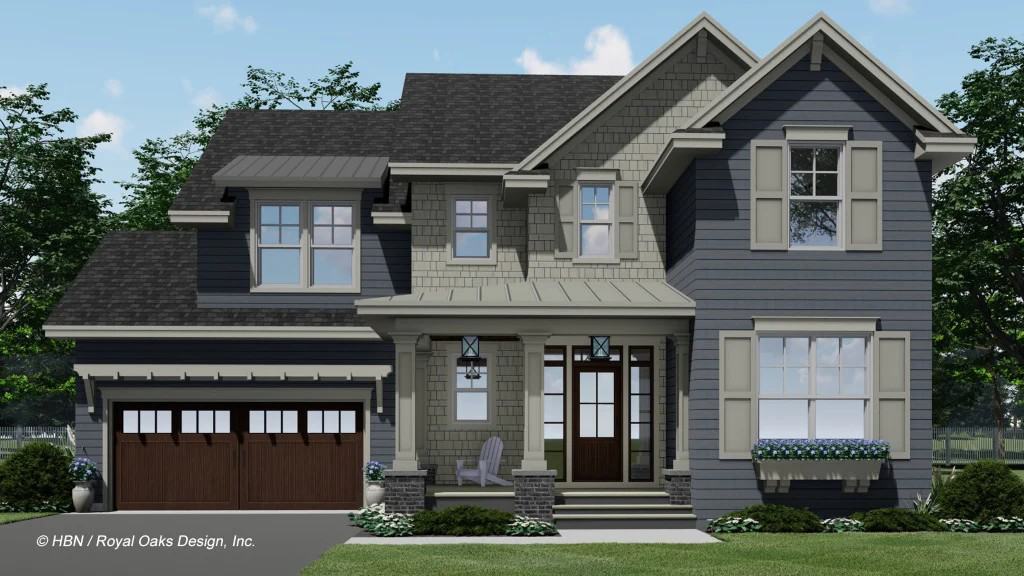 Front rendering with a double garage, shuttered windows, and a covered entry porch supported by stone base columns.