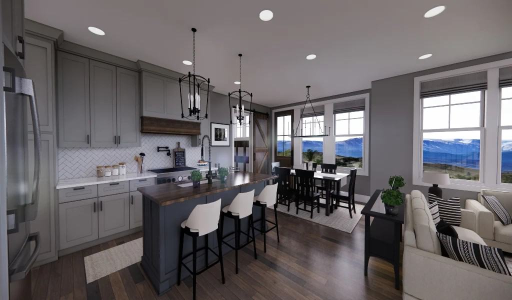 An open layout view of the kitchen, dining area, and great room with spectacular views of the surrounding landscape.