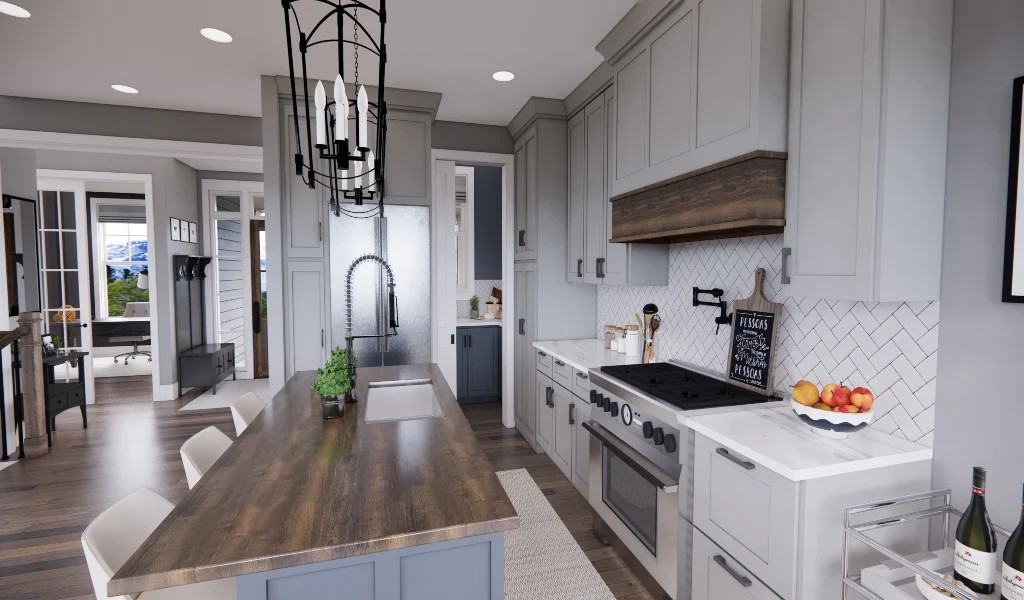 The kitchen has custom cabinetry, a breakfast island, and a walk-in pantry enclosed in a pocket door.