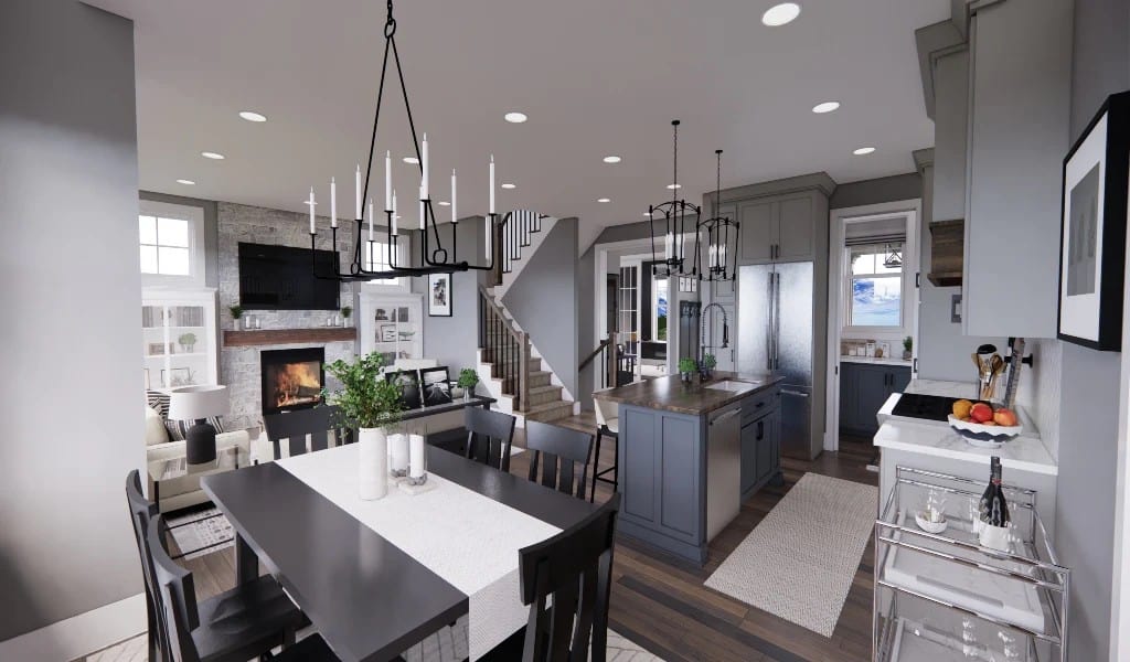 The dining area has a black dining set well-lit by a wrought iron chandelier.