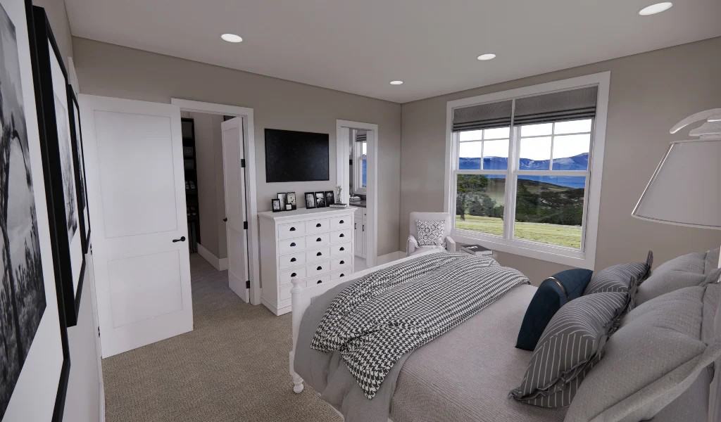 The primary bedroom has a walk-in closet, an ensuite bath, and a TV fixed above the white dresser.