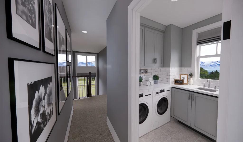 The laundry room is located on the second level across the hallway.