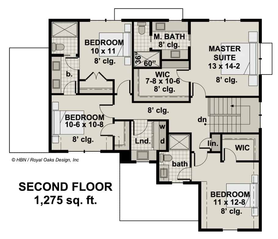 Second level floor plan with four bedrooms, two baths, and a laundry room.