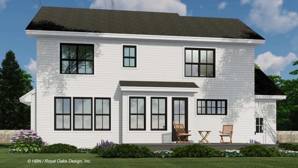 Rear rendering with horizontal lap siding, aluminum-framed windows, and an open patio.