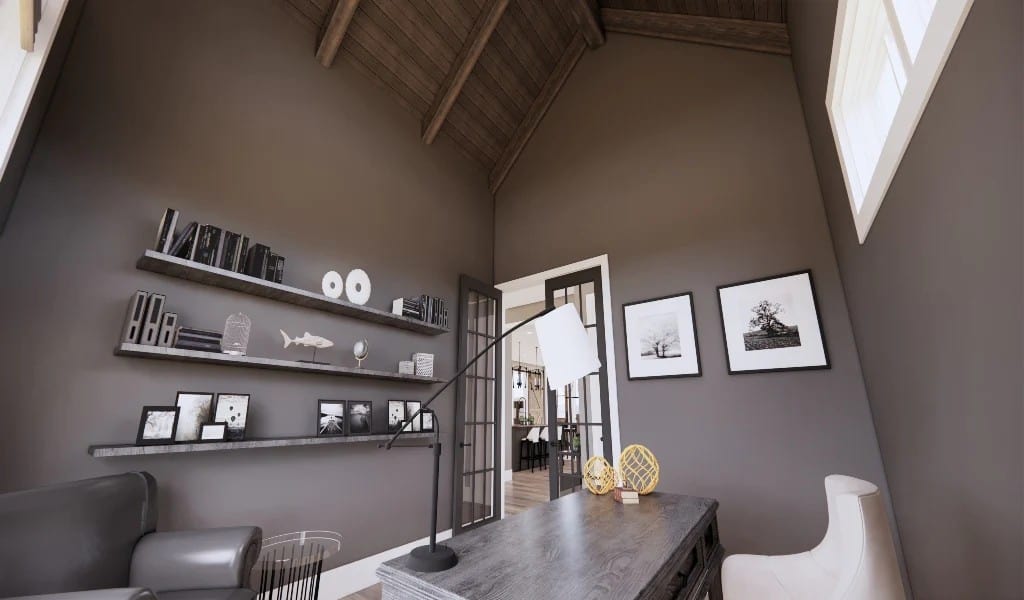 The home office has a rustic desk, matching shelves, and a cathedral ceiling with exposed beams.