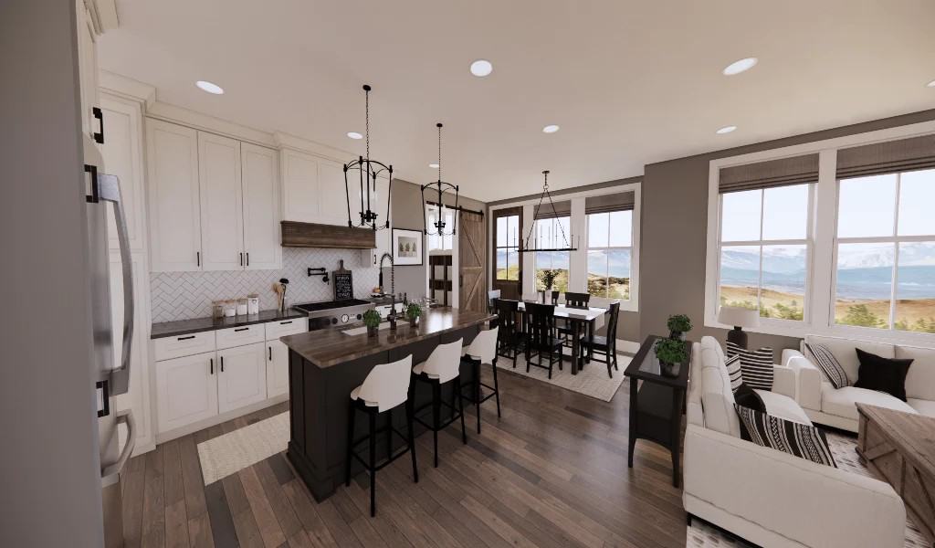 An open layout view of the great room, kitchen, and dining room with gray walls and a hardwood floor.