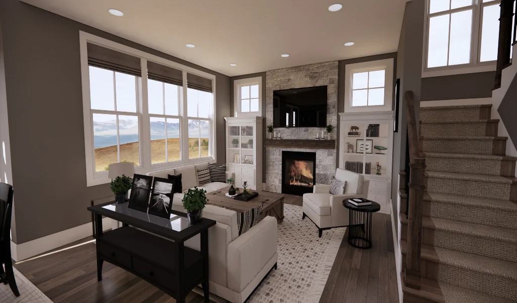 The great room has leather sofas and a stone fireplace flanked by display cabinets.