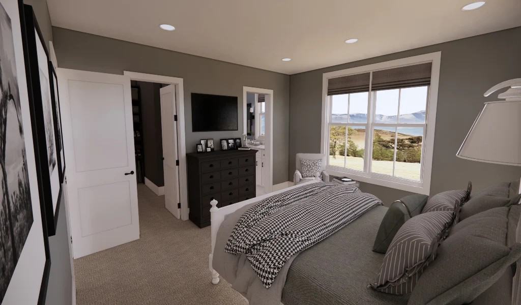 Carpeted primary bedroom with a walk-in closet and an ensuite bathroom.