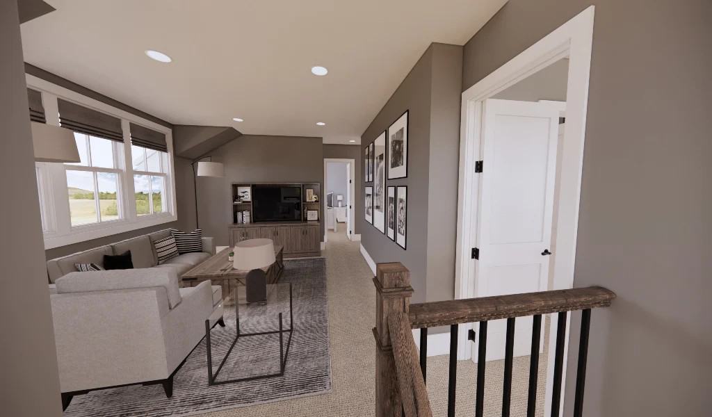 A gallery wall adorns the second-level loft.