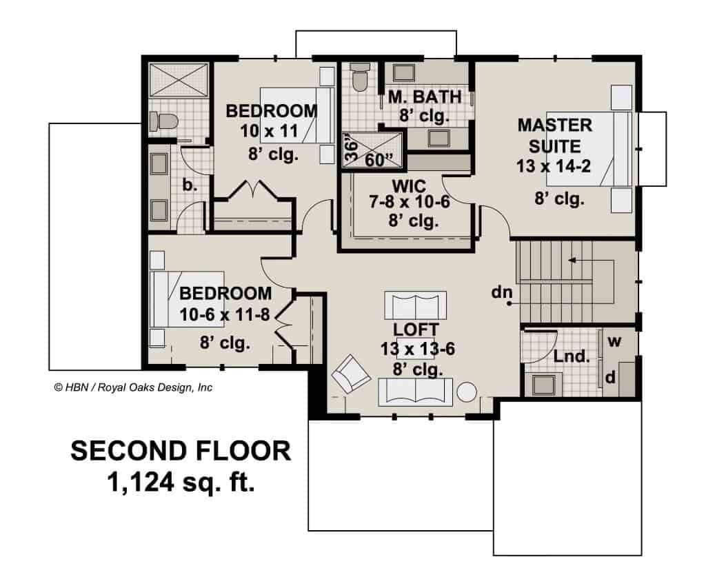 Second level floor plan with three bedrooms, two baths, and a loft.