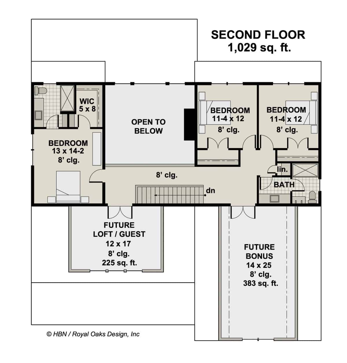 Second level floor plan with a three bedrooms, two baths, a loft, and a bonus room.