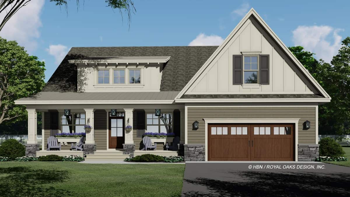 Front rendering with a double garage and a covered entry porch topped with a large shed dormer.