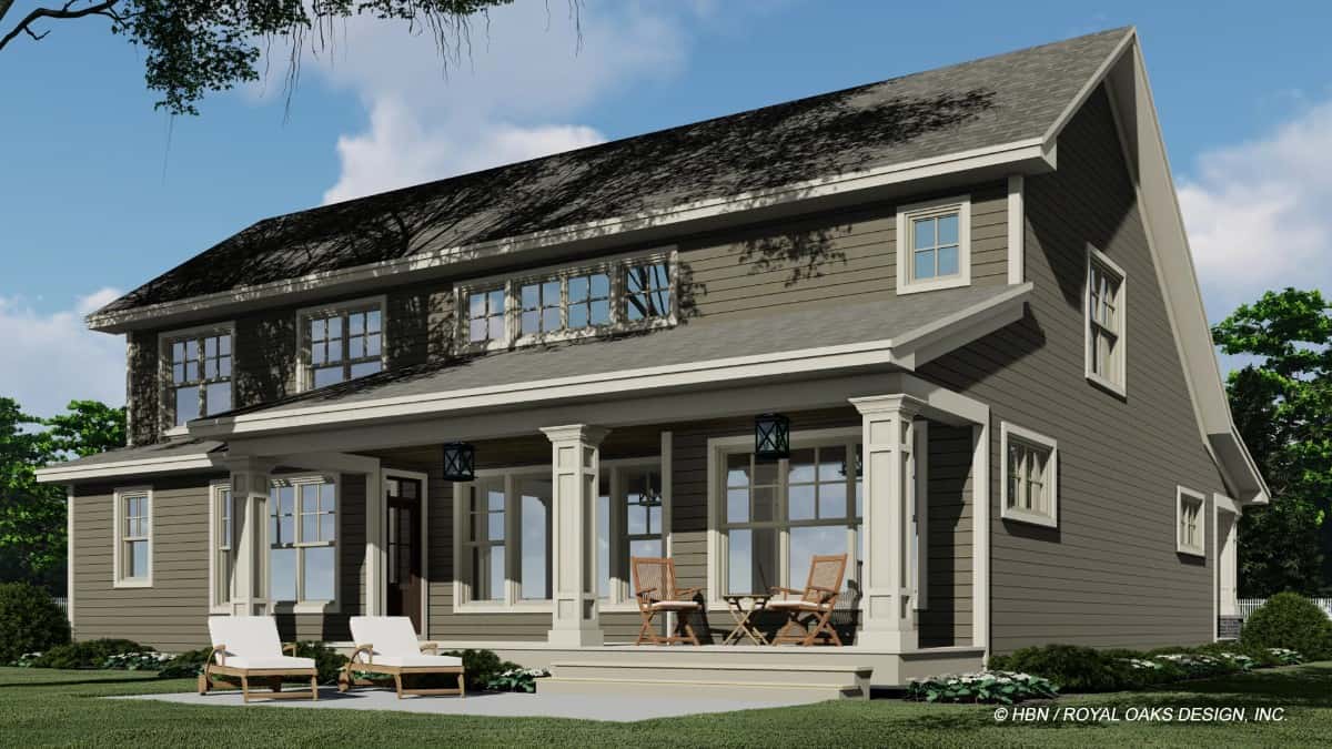 Rear rendering showcasing a spacious covered porch framed with decorative columns.
